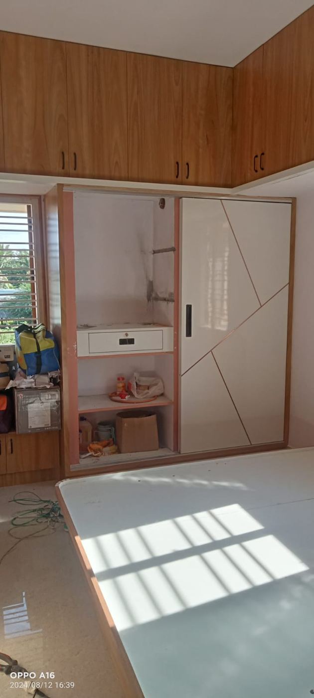 Utility storage unit with teak loft, sliding gloss shutter and open shelves